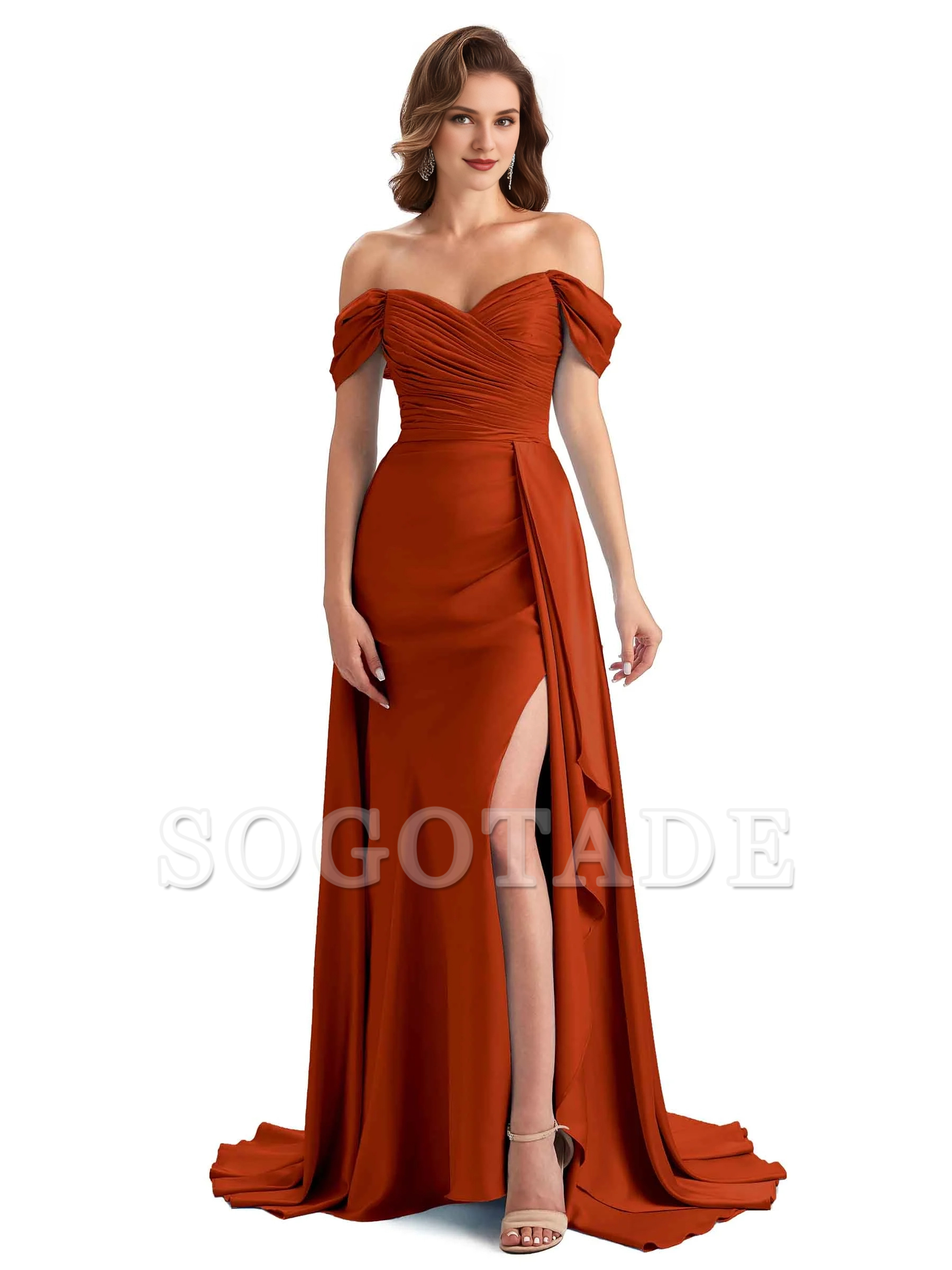 Sexy side slit mermaid soft satin off shoulder long unique bridesmaid dress