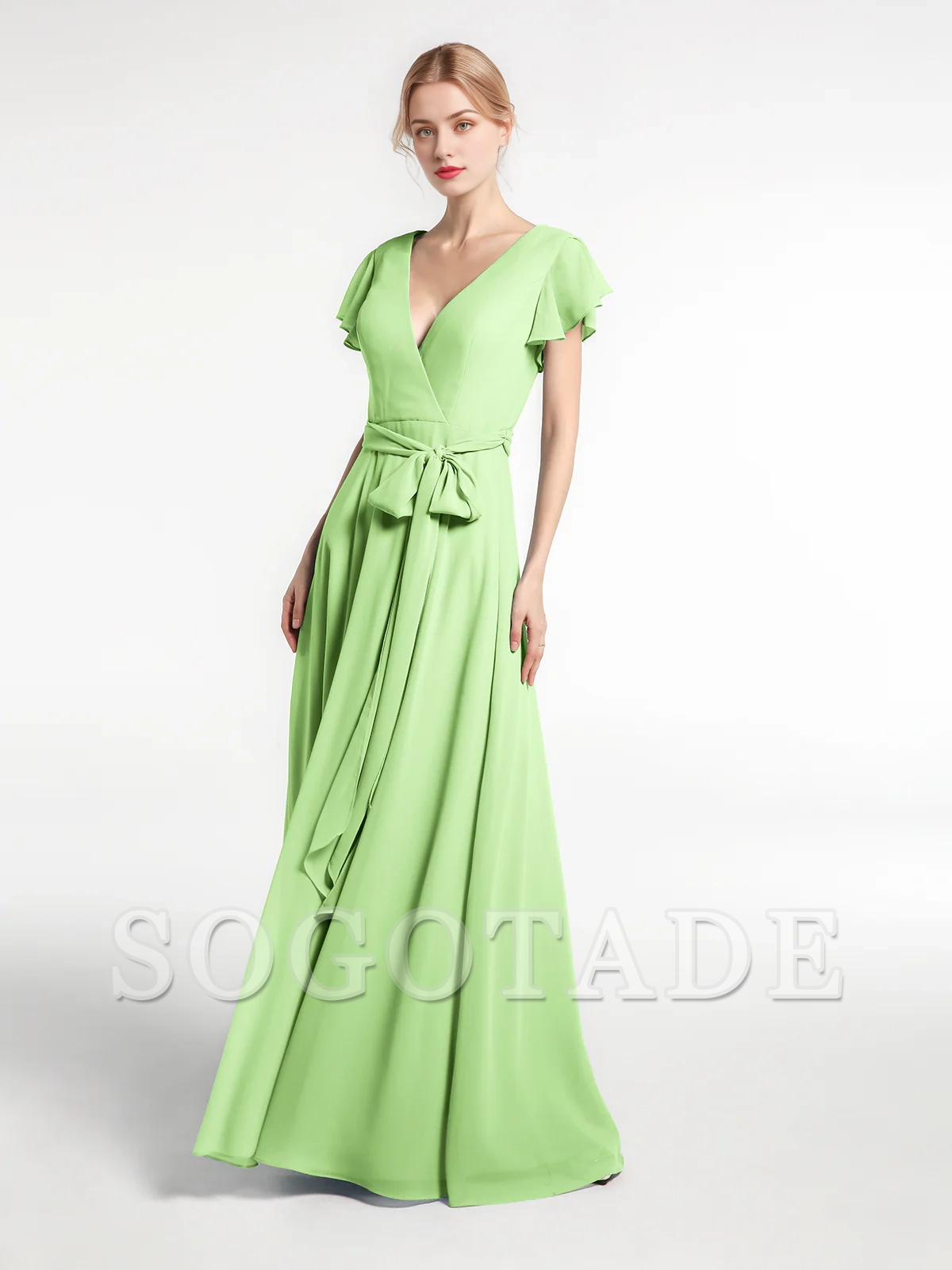 V-neck hooded sleeve self bow chiffon dress
