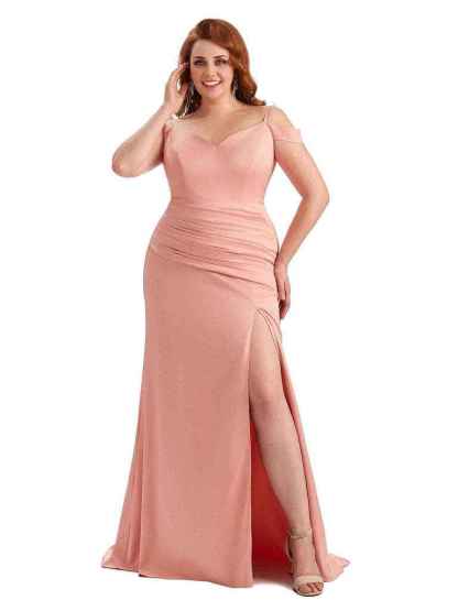 Sexy Side Slit Mermaid Cold Shoulder Soft Satin Long Plus Size Bridesmaid Dresses Online