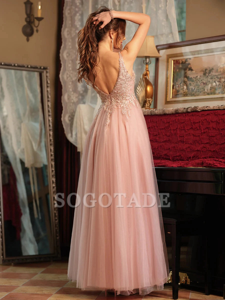 A-line princess V-neck chiffon slit side decal long ball gown