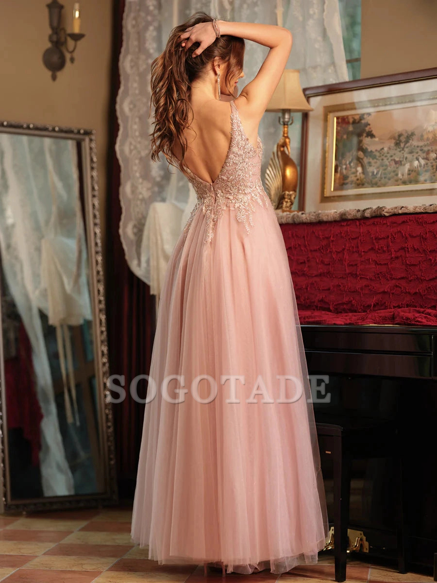 A-line princess V-neck chiffon slit side decal long ball gown