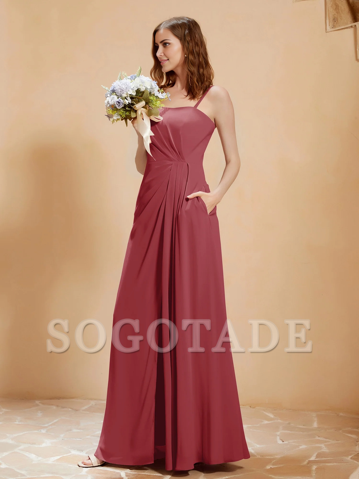 Square collar A-line pocket chiffon dress