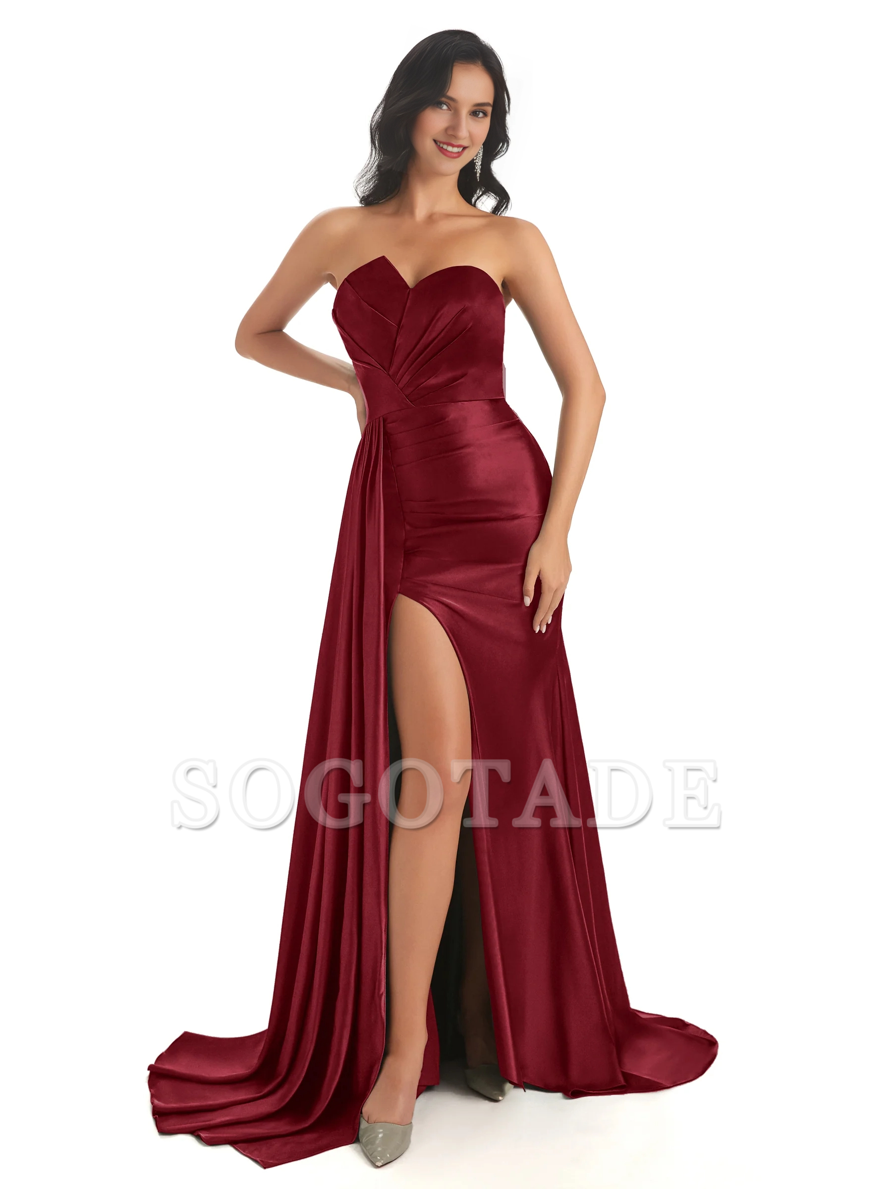 Asymmetric neckline fishtail satin side slit and floor length fishtail bridesmaid dress