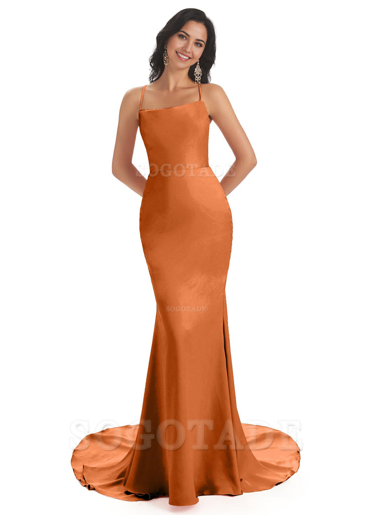 Mermaid Spaghetti Backless Straps Satin Long formal dresses evening gown Bridesmaid Dresses
