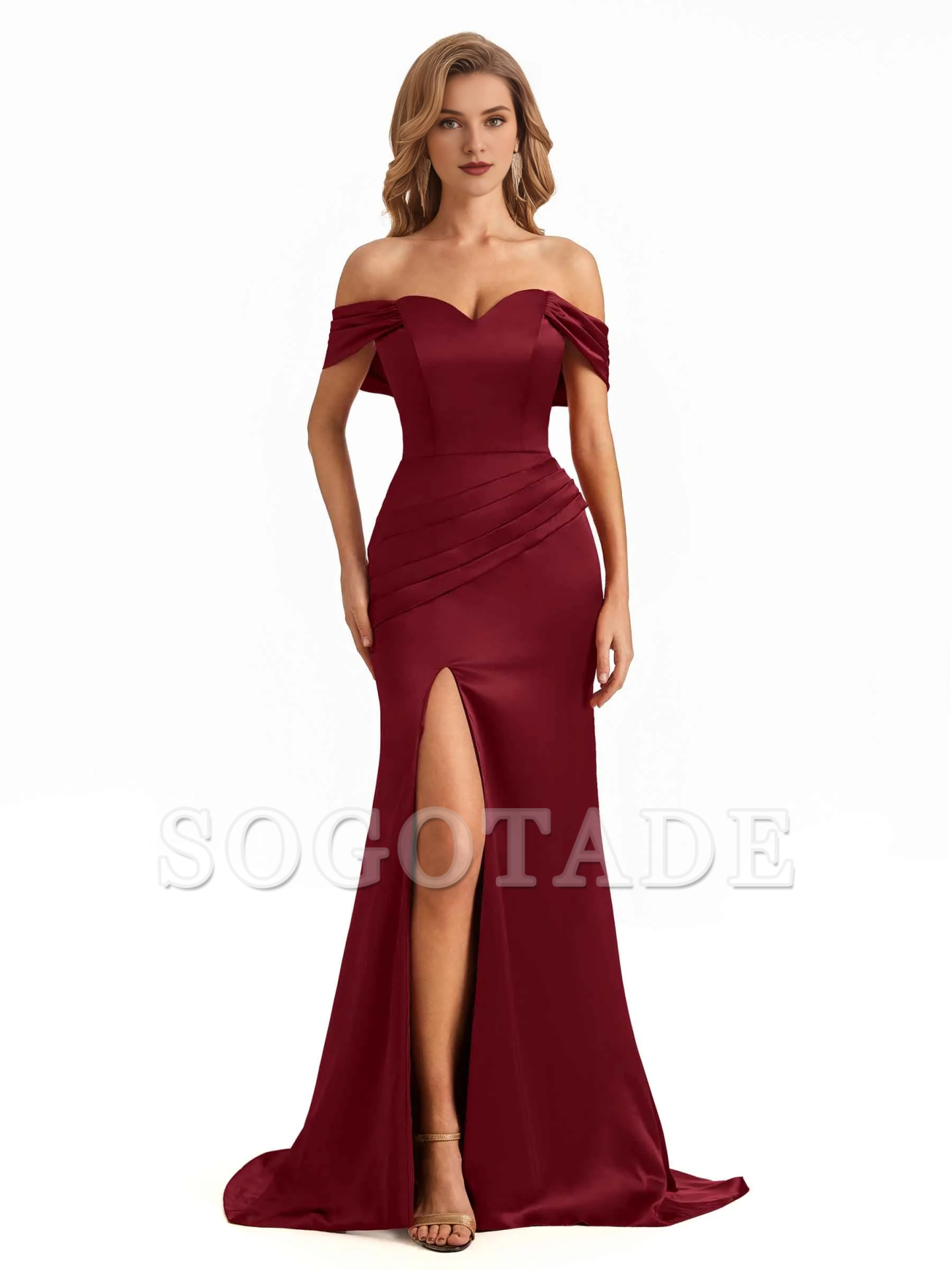 Sexy side slit mermaid off shoulder V-neck extra long soft satin bridesmaid dress