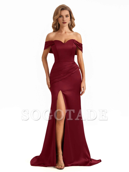 Sexy side slit mermaid off shoulder V-neck extra long soft satin bridesmaid dress