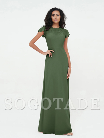 Illusionary collar and sleeve chiffon dress