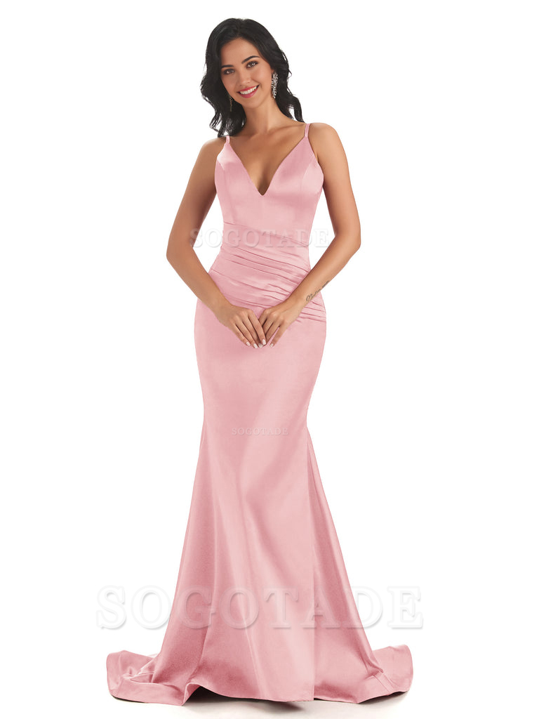Mermaid Spaghetti V-Neck Straps Satin Long formal dresses evening gown Bridesmaid Dresses With Side Slit 