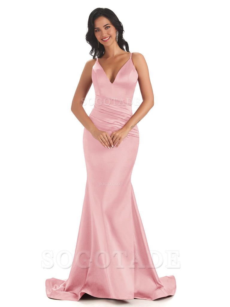 Mermaid Spaghetti V-Neck Straps Satin Long formal dresses evening gown Bridesmaid Dresses With Side Slit 