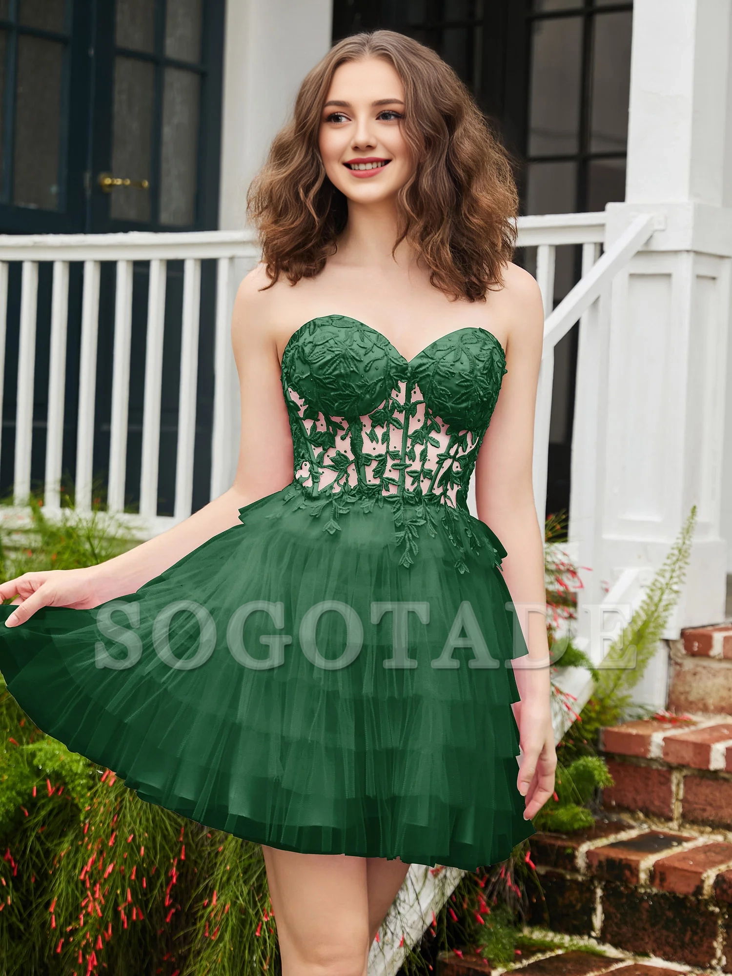 Transparent decal tight corset layered sheer short Homecoming dress