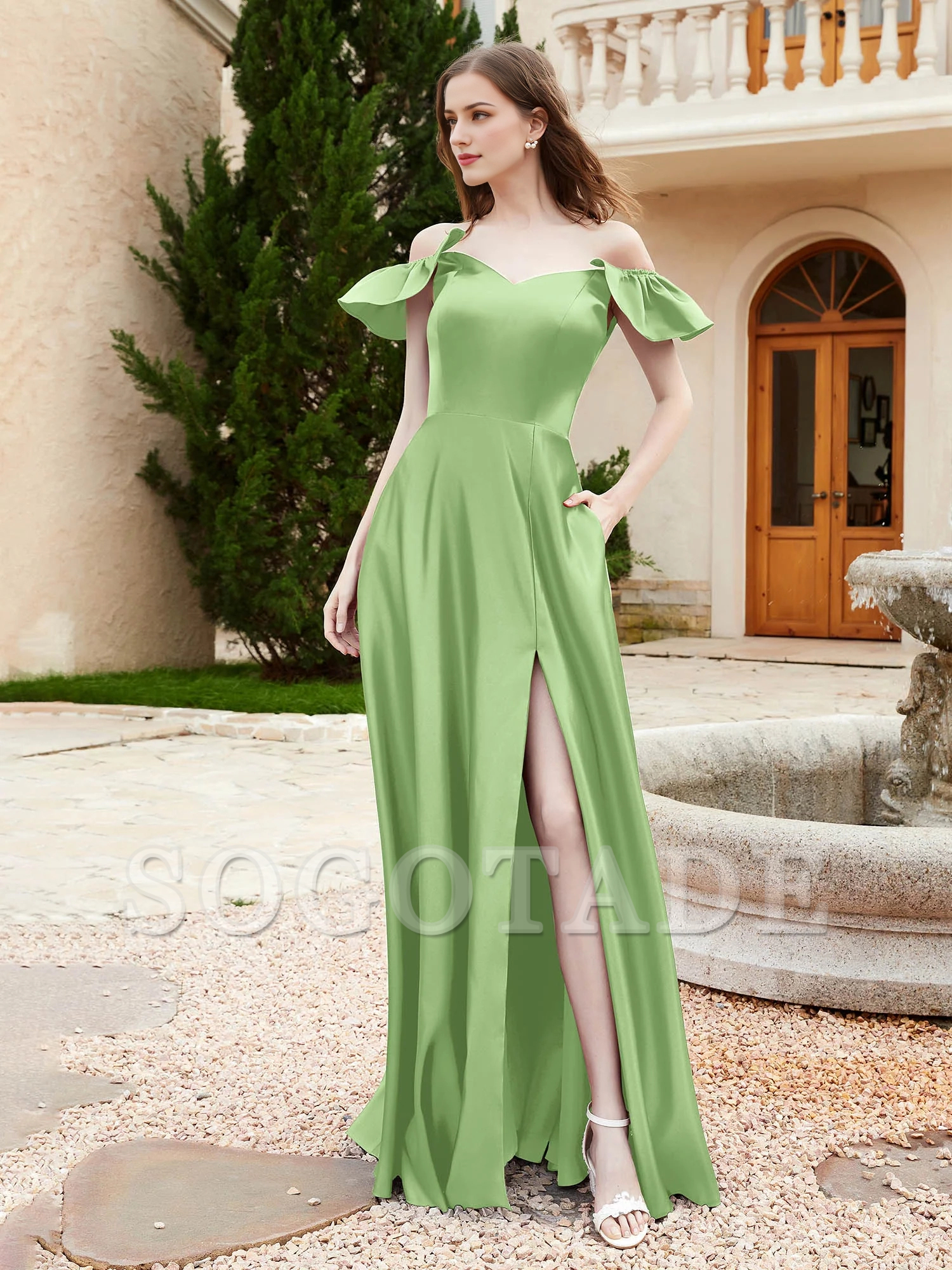 Pocket off shoulder satin bridesmaid dress