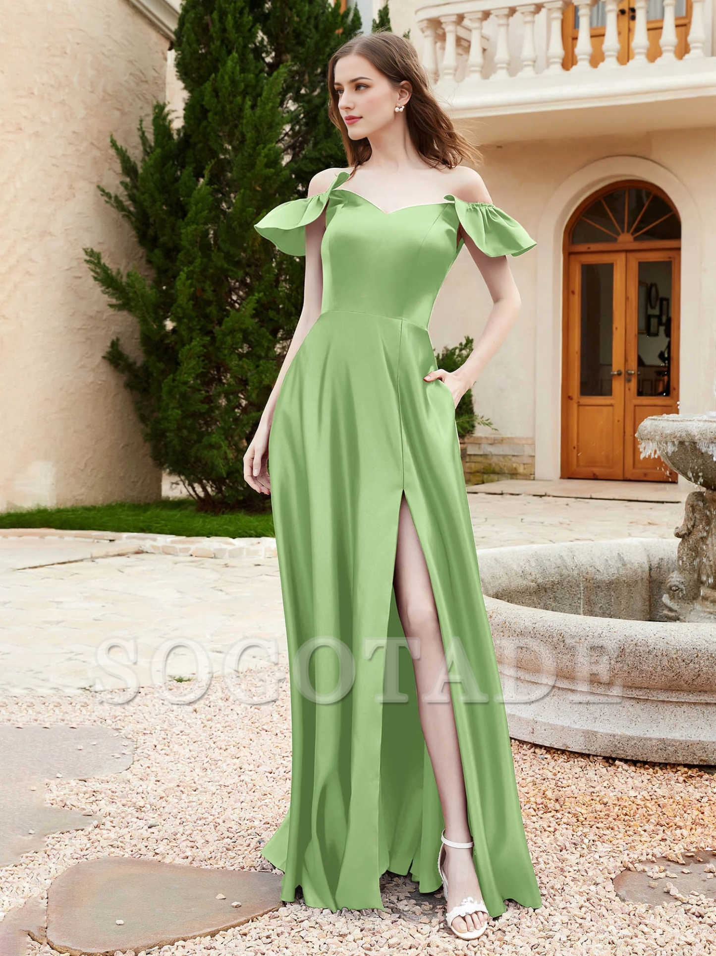 Pocket off shoulder satin bridesmaid dress