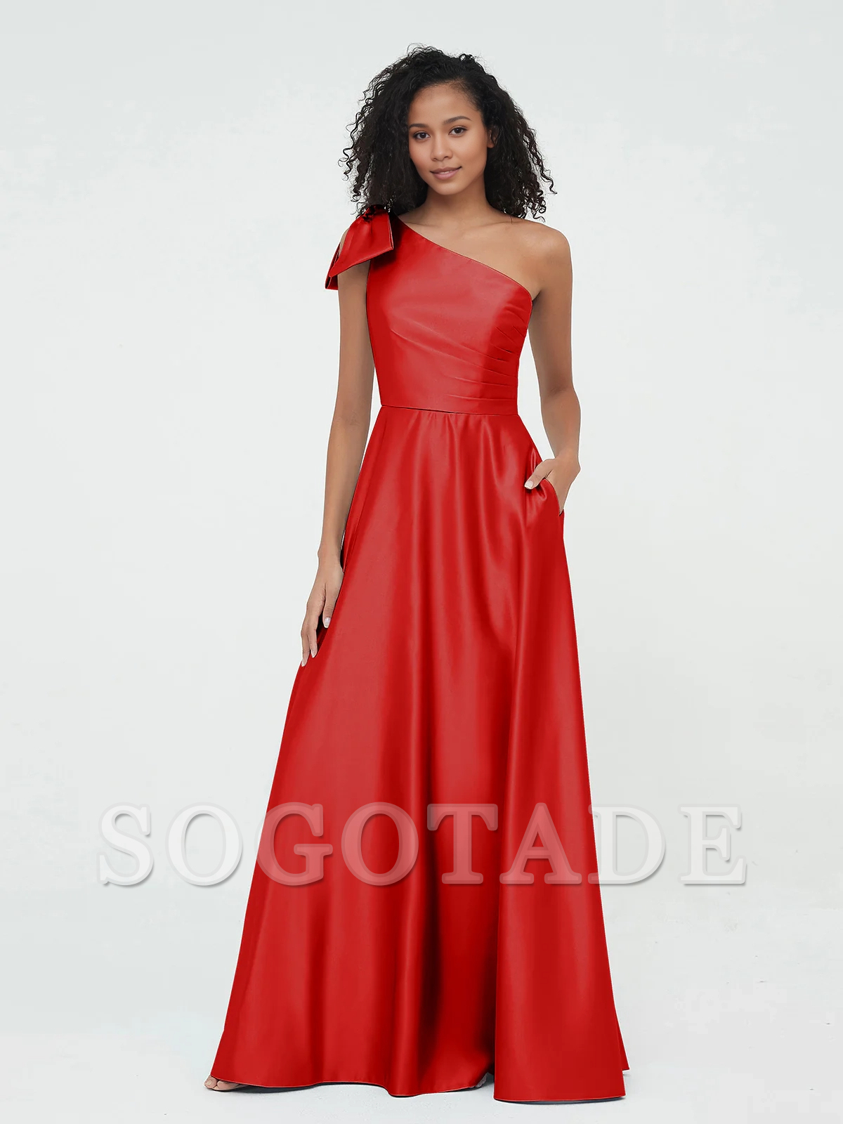 Pocket one shoulder long satin bridesmaid dress