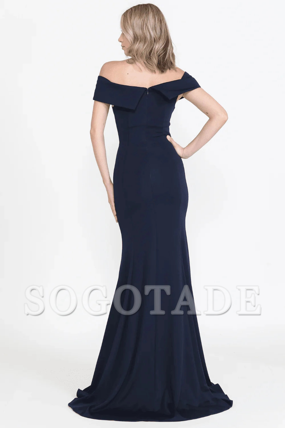 Front slit fit long off shoulder plain knit dress