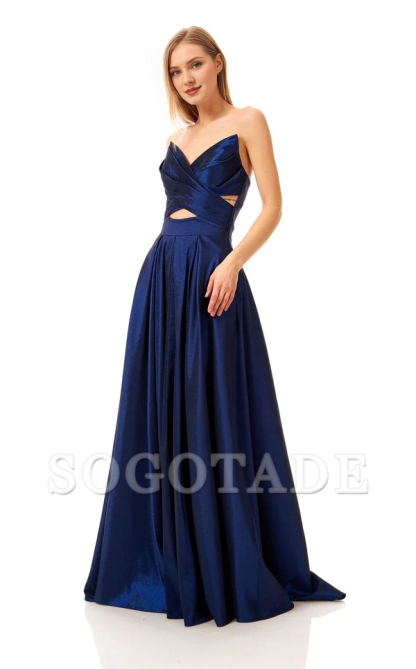 A-line V-neck satin strapless and floor length Prom dress