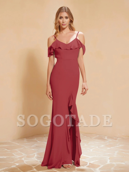 Ruffle V-neck floating sleeve fishtail chiffon dress