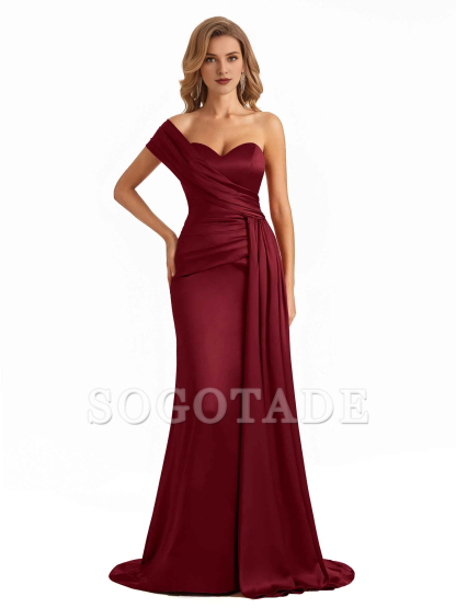 Elegant one shoulder soft satin long fish tail bridesmaid dress