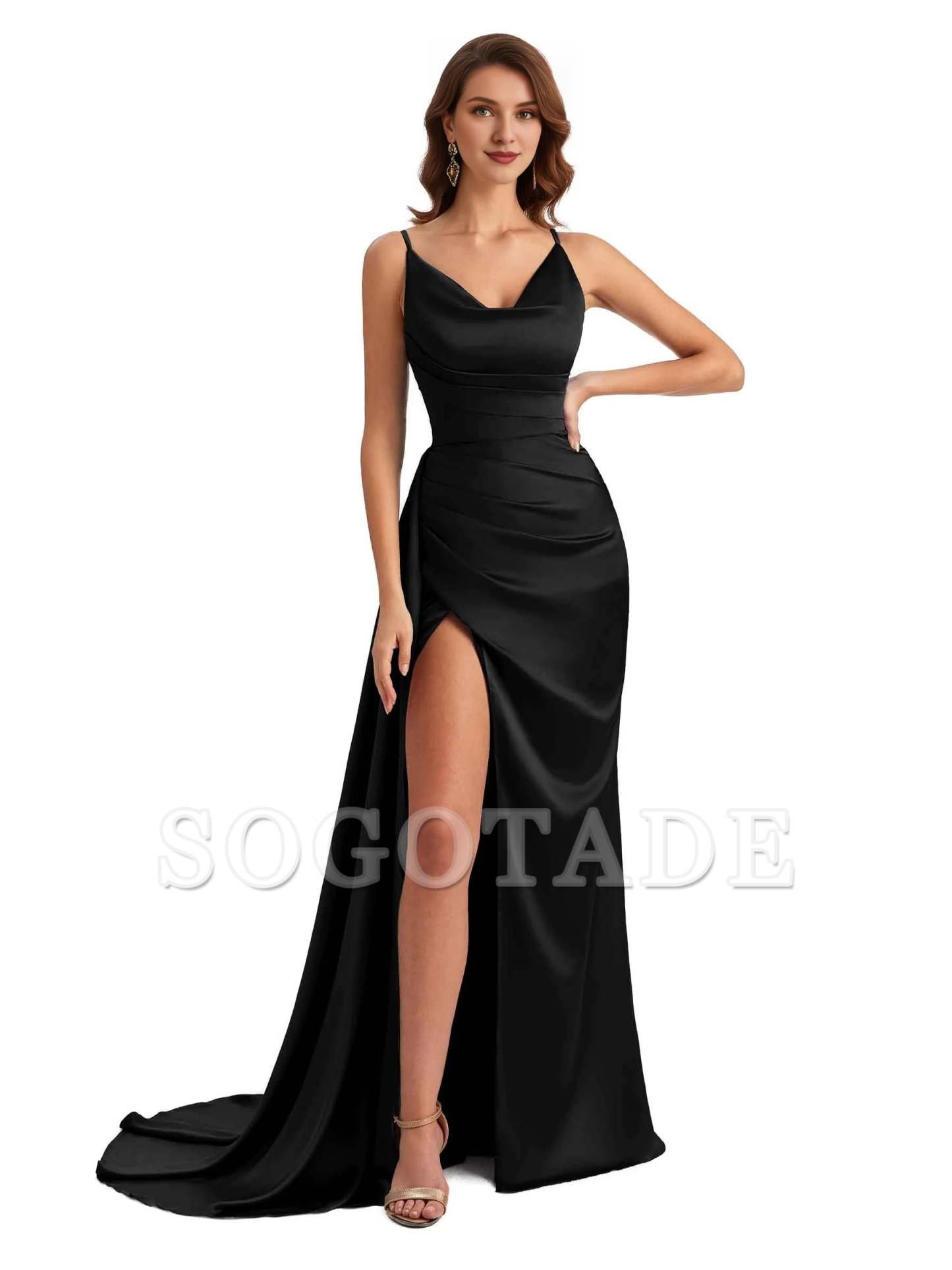 Sexy fishtail side slit hanging neck V-neck soft satin ultra long bridesmaid dress