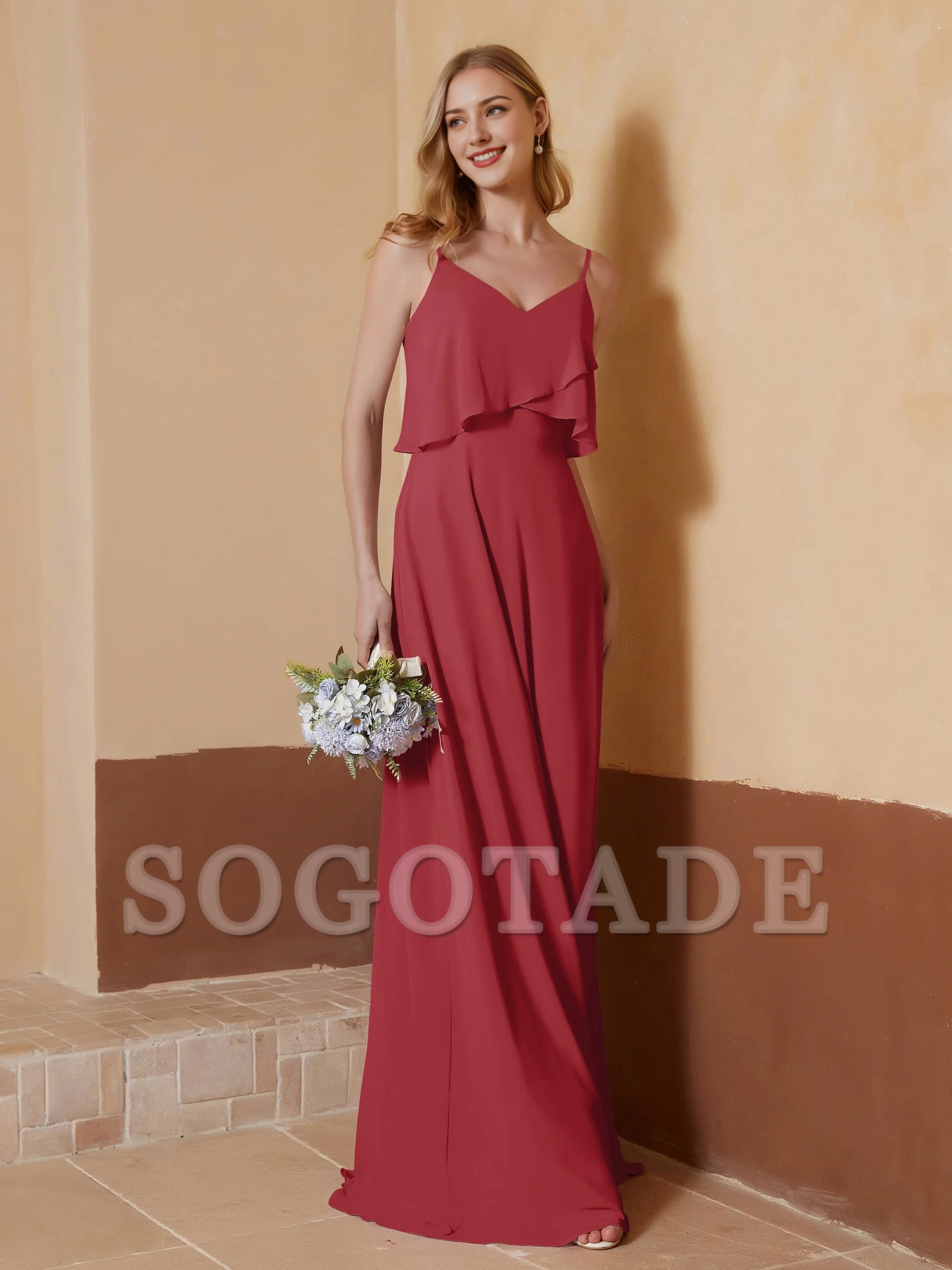 V-neck slim shoulder strap ruffled chiffon A-line dress