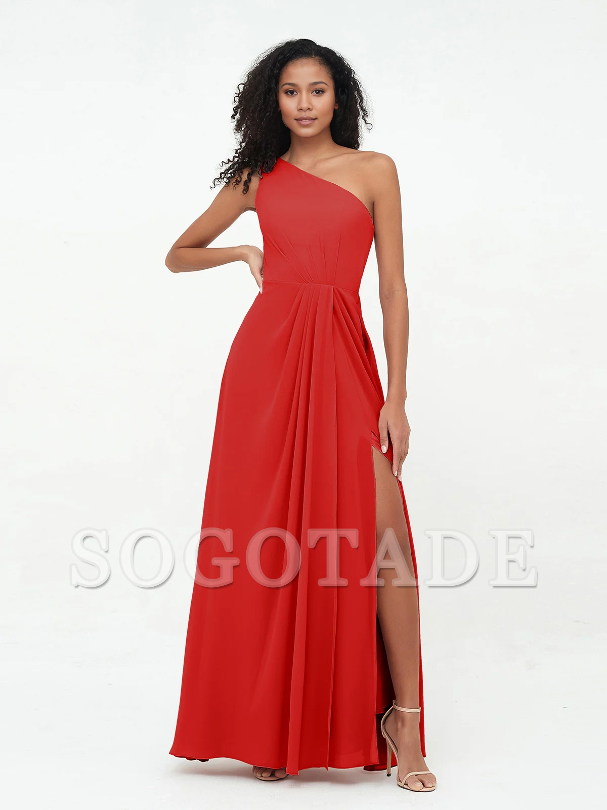 Split grey rose one shoulder chiffon bridesmaid dress