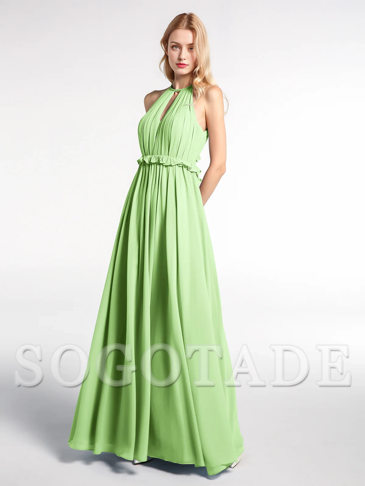 Keyhole collar backless chiffon long dress