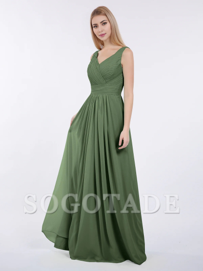 V-neck full-length chiffon pleated dress