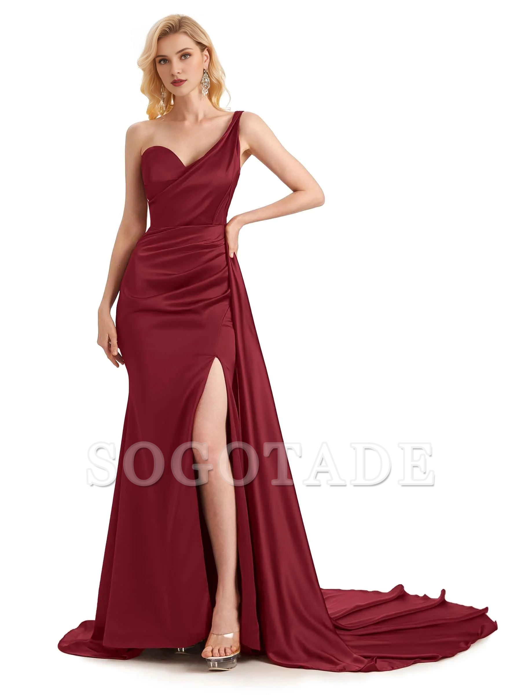 Sexy side slit shoulder long soft satin unique mermaid bridesmaid dress