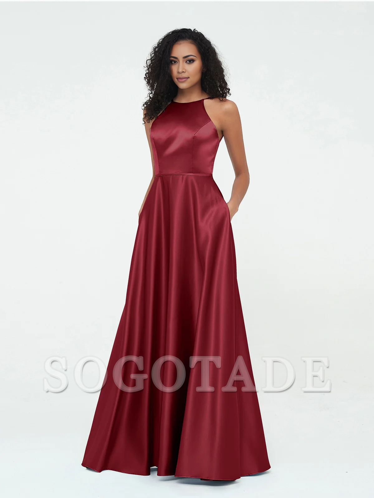 A-line hanging neck large pocket satin dress-SOGOTADE