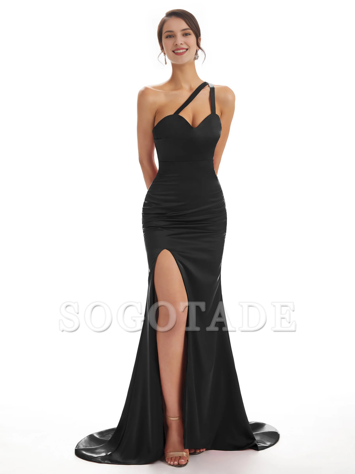 Sexy shoulder soft satin side slit fish tail long bridesmaid dress
