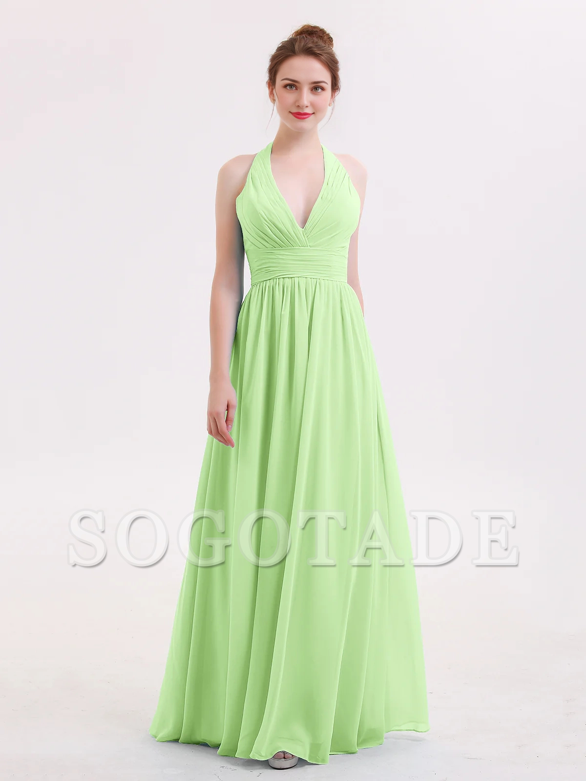 Hanging neck V-neck chiffon bridesmaid dress