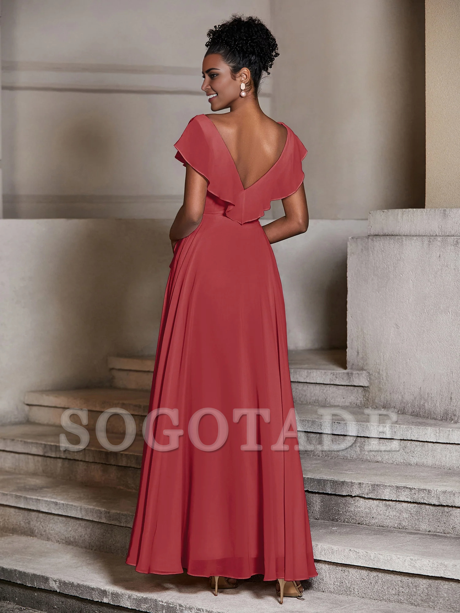 V-neck hooded chiffon dress