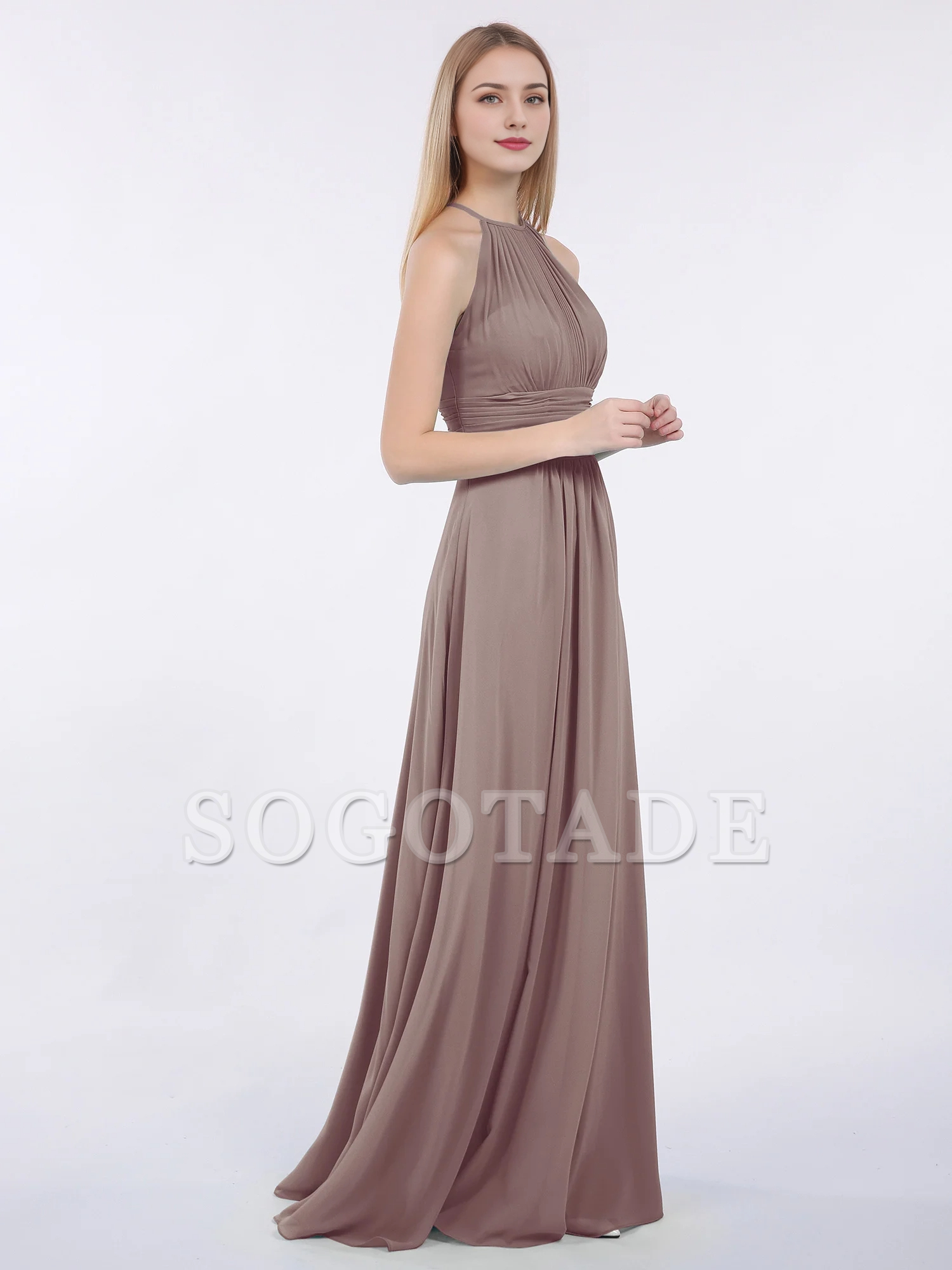 Hanging neck chiffon extra long bridesmaid dress