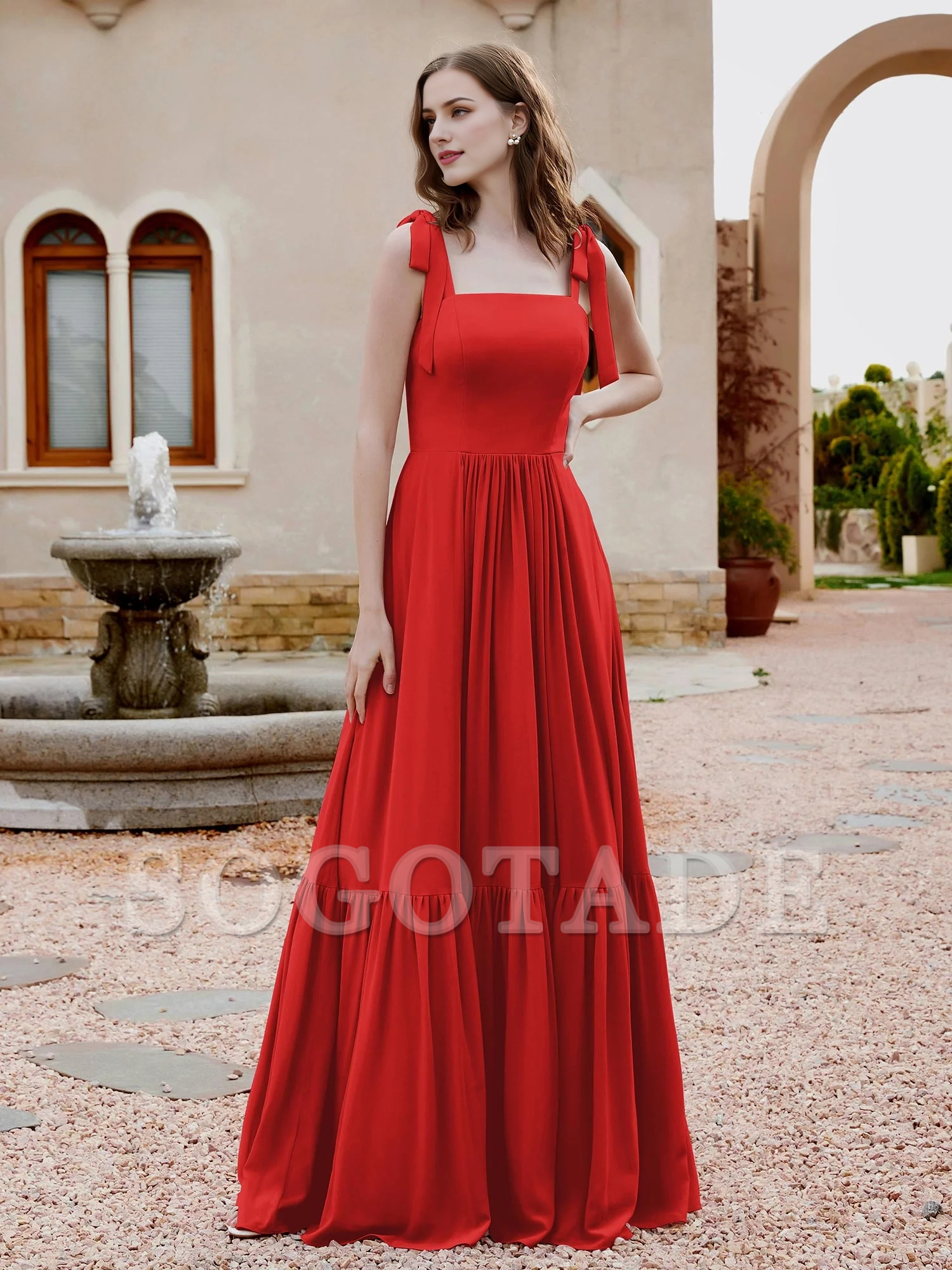 A-line butterfly bow ruffle sleeveless chiffon bridesmaid dress-SOGOTADE