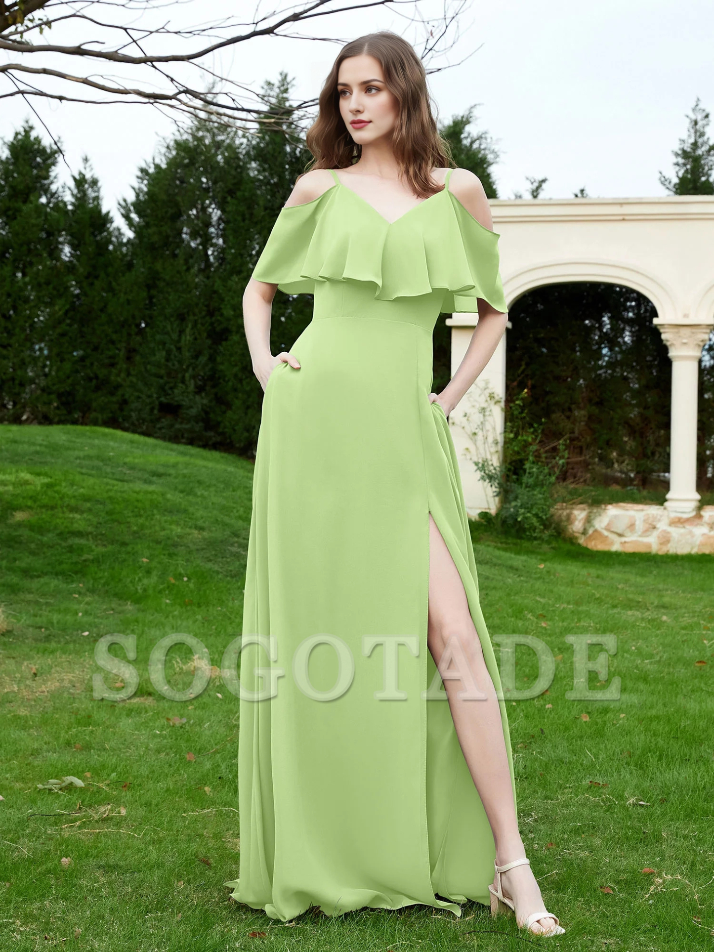 V-neck ruffled chiffon A-line dress