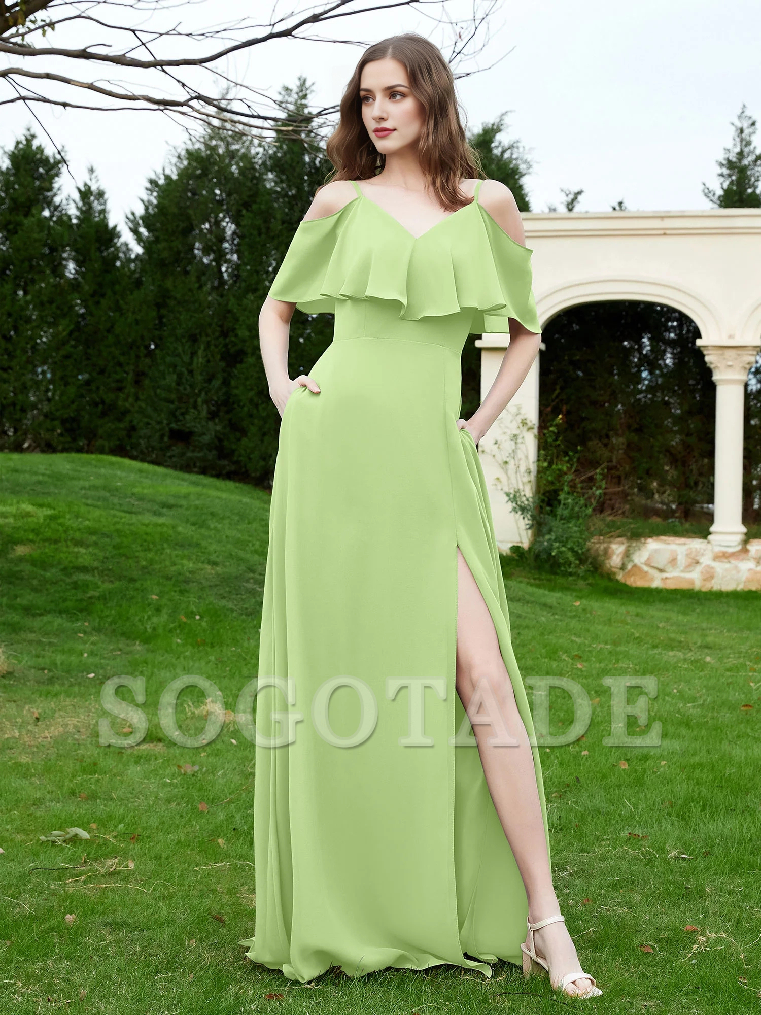 V-neck ruffled chiffon A-line dress
