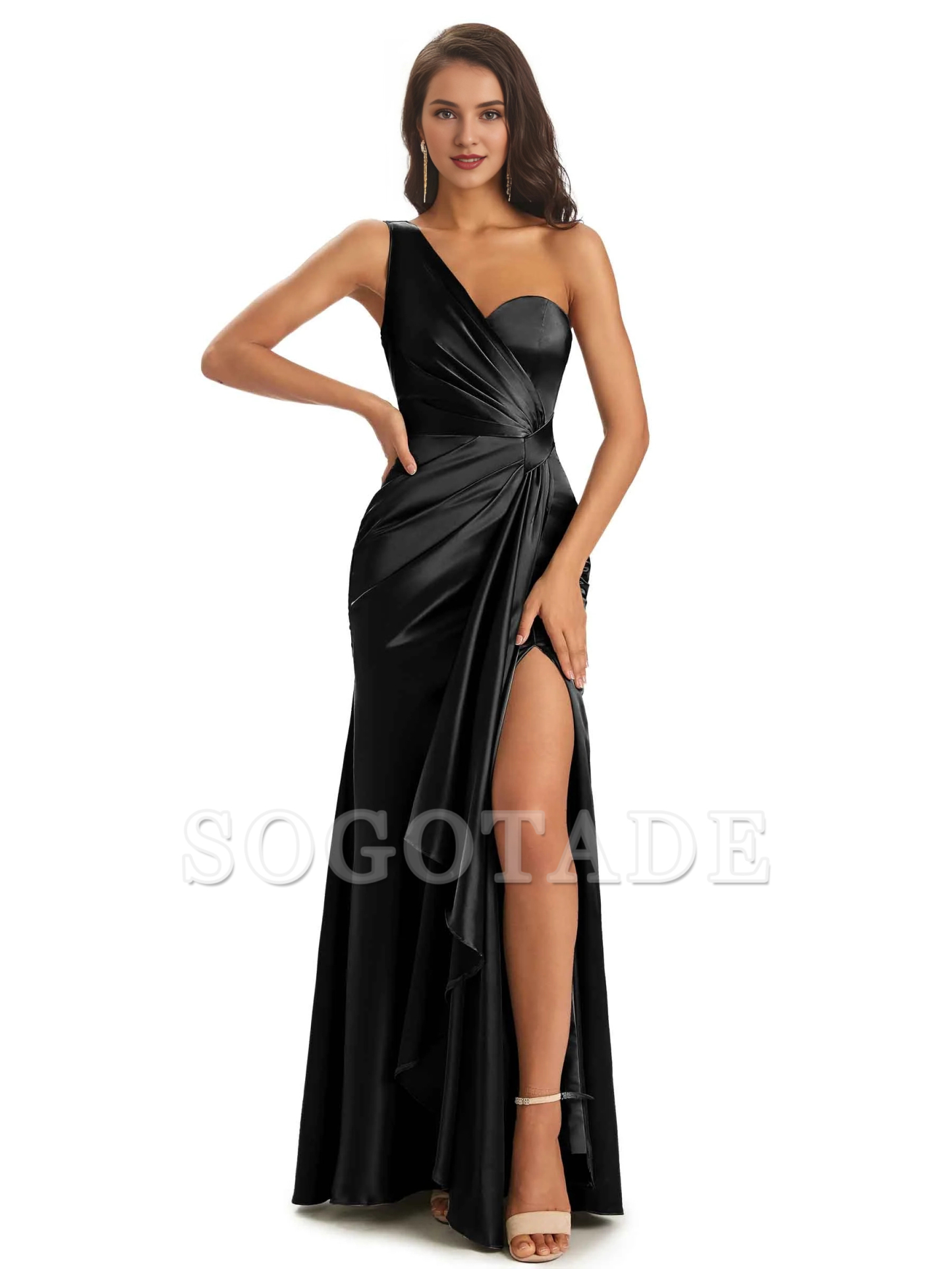 Elegant and soft satin side slit one shoulder unique fish tail bridesmaid dress