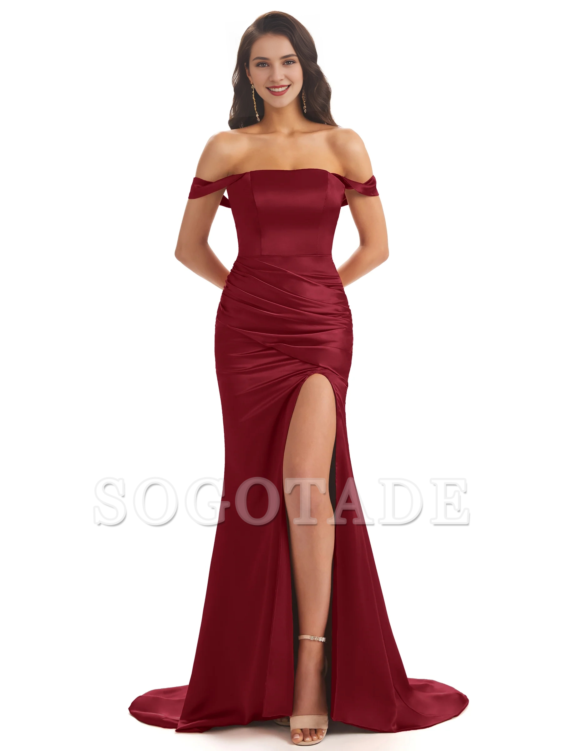 Sexy soft satin off shoulder side slit and floor length fishtail bridesmaid dress