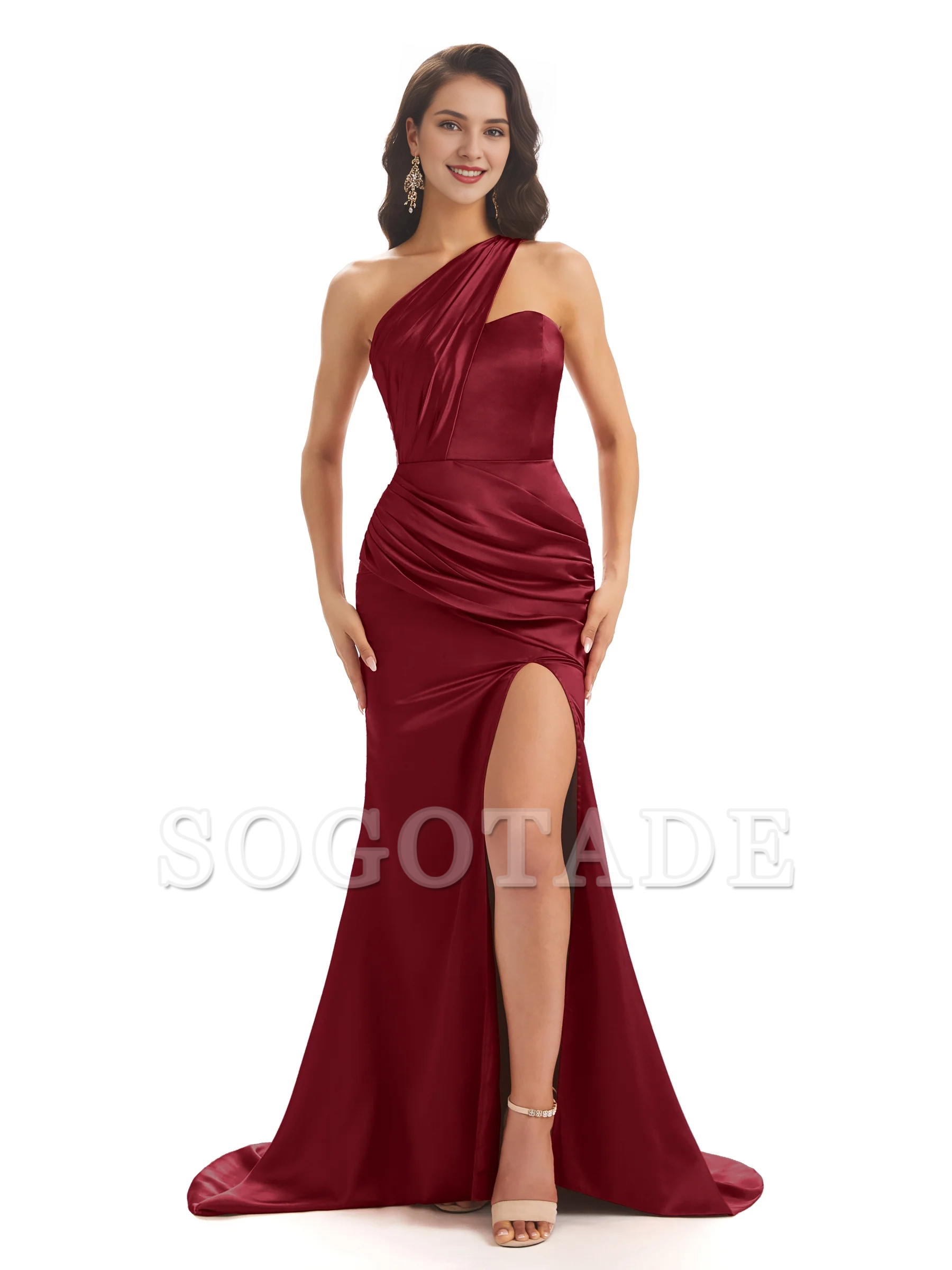 Sexy soft satin side slit one shoulder long fish tail bridesmaid dress