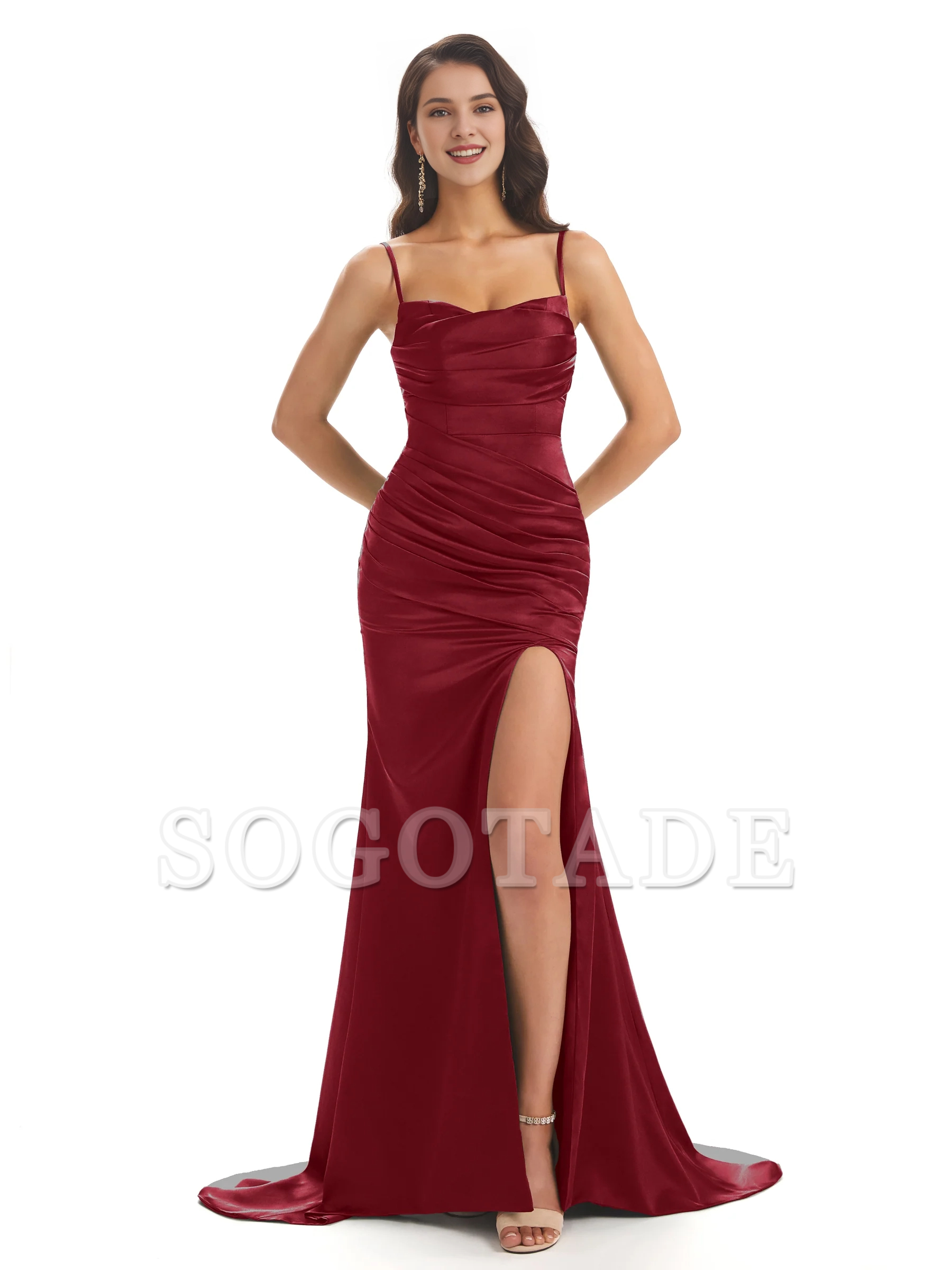 Sexy mermaid soft satin thin shoulder strap side slit bridesmaid dress