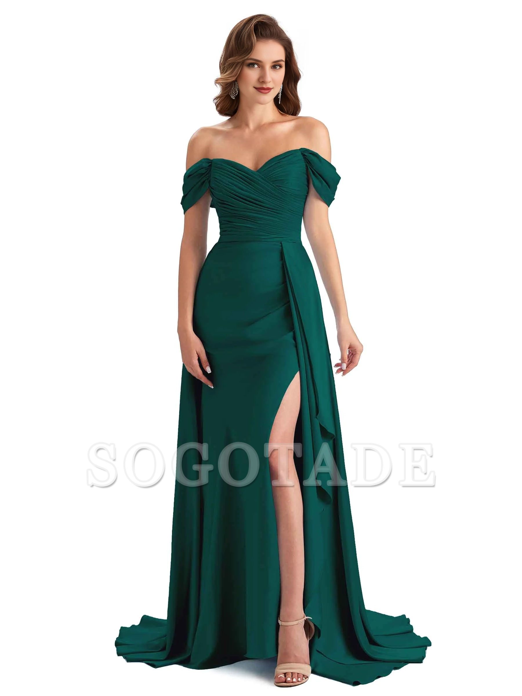 Sexy side slit mermaid soft satin off shoulder long unique bridesmaid dress