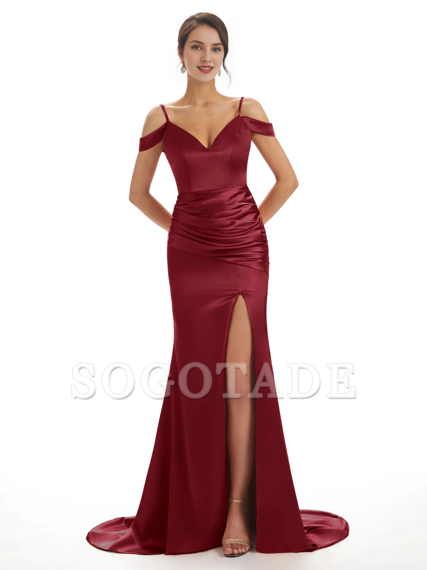 Sexy off shoulder soft satin side slit long fish tail bridesmaid dress
