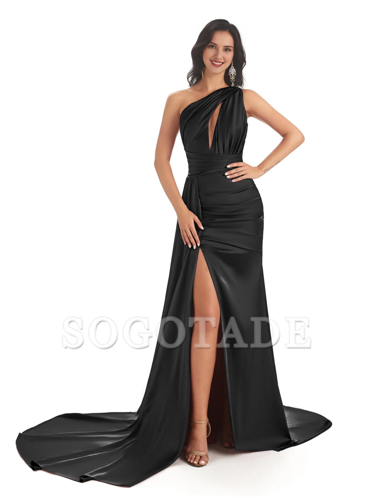 Sexy and soft satin side slit one shoulder fish tail long wedding bridesmaid dress
