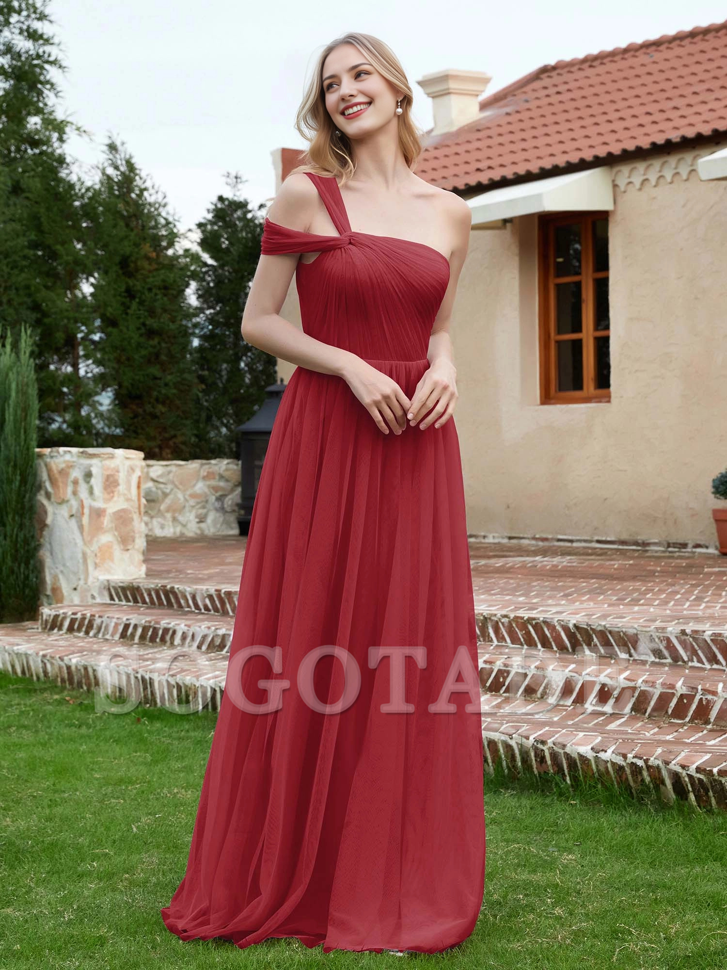 One shoulder chiffon long bridesmaid dress