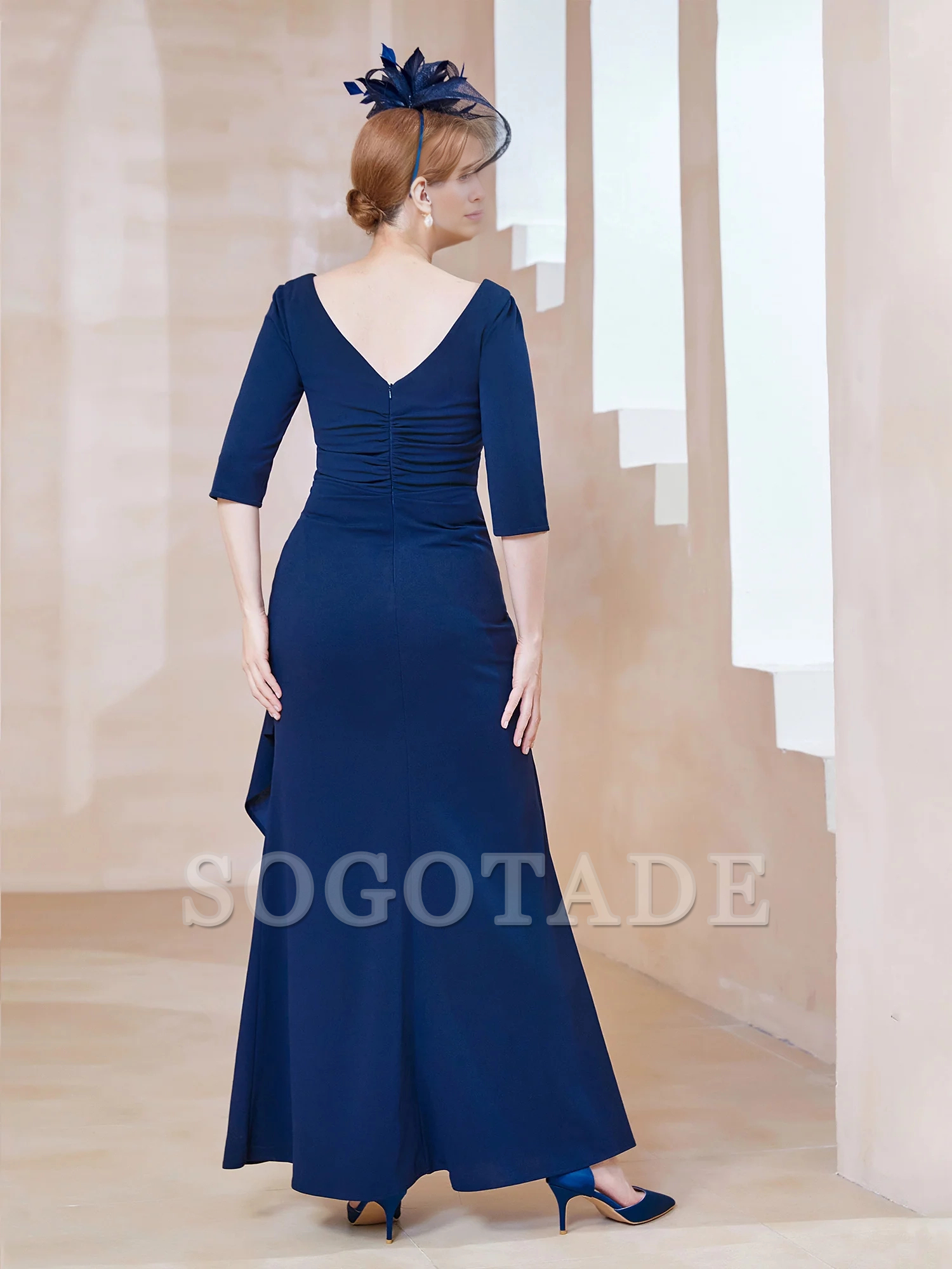 V-neck half sleeved pleated mother of the bride dress