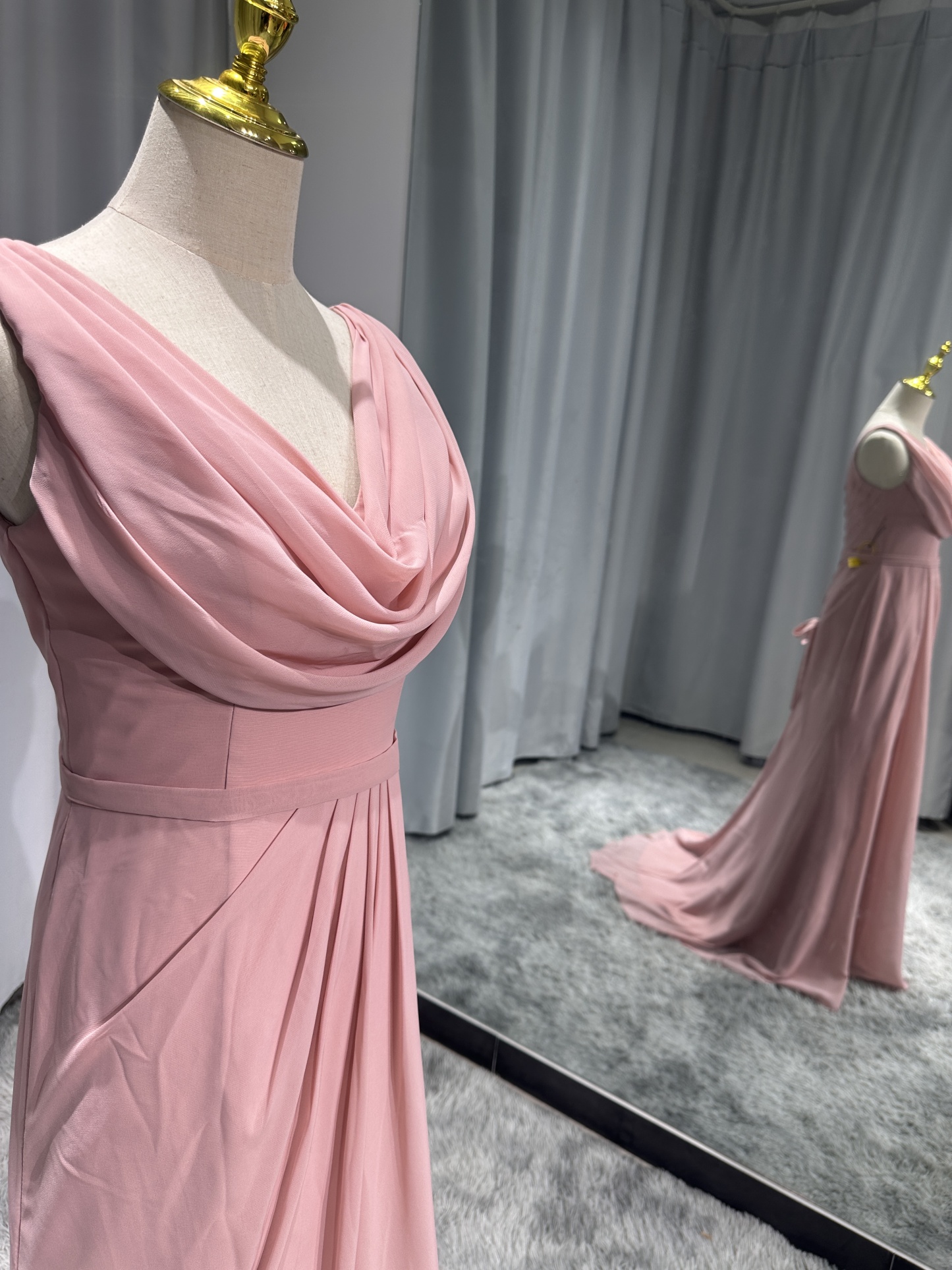Sheath Cowl Neck Sleeveless Chiffon Bridesmaid Dresses With Slit and Ruffles
