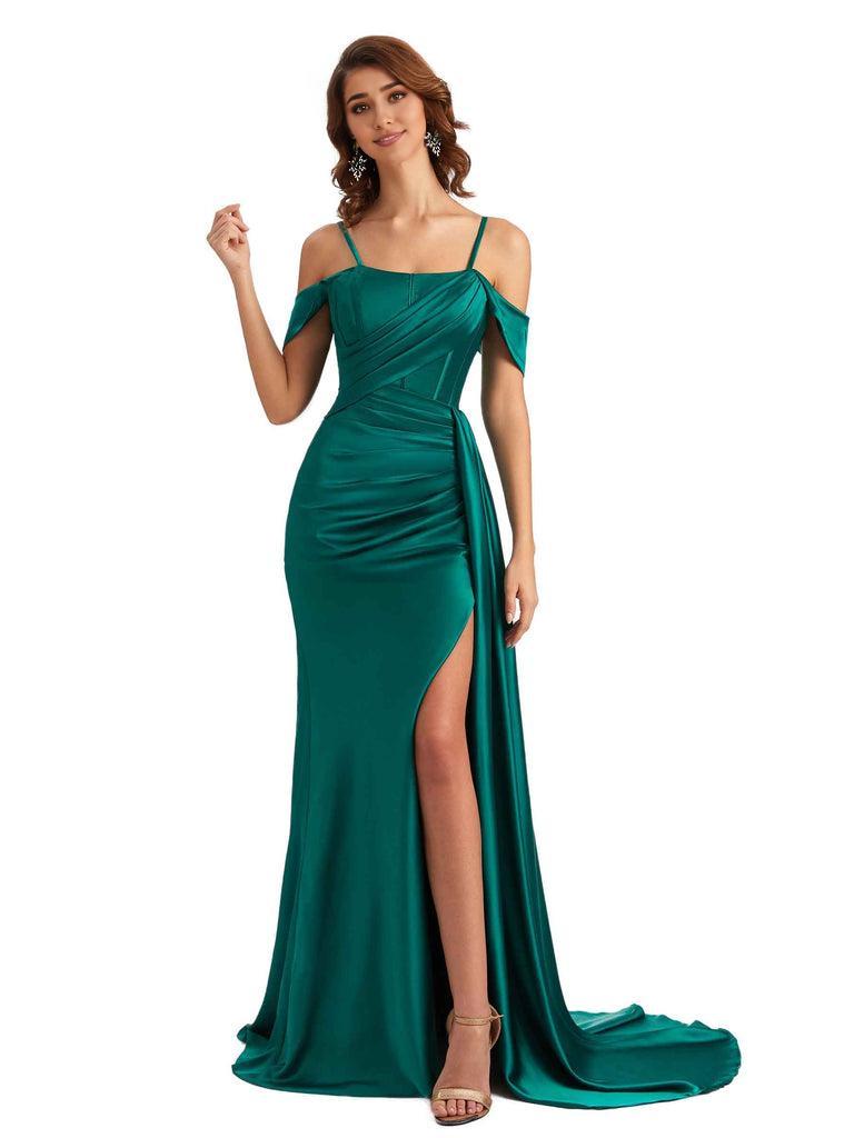 Sexy Side Slit Cold Shoulder Mermaid Satin Chic Long Dresses