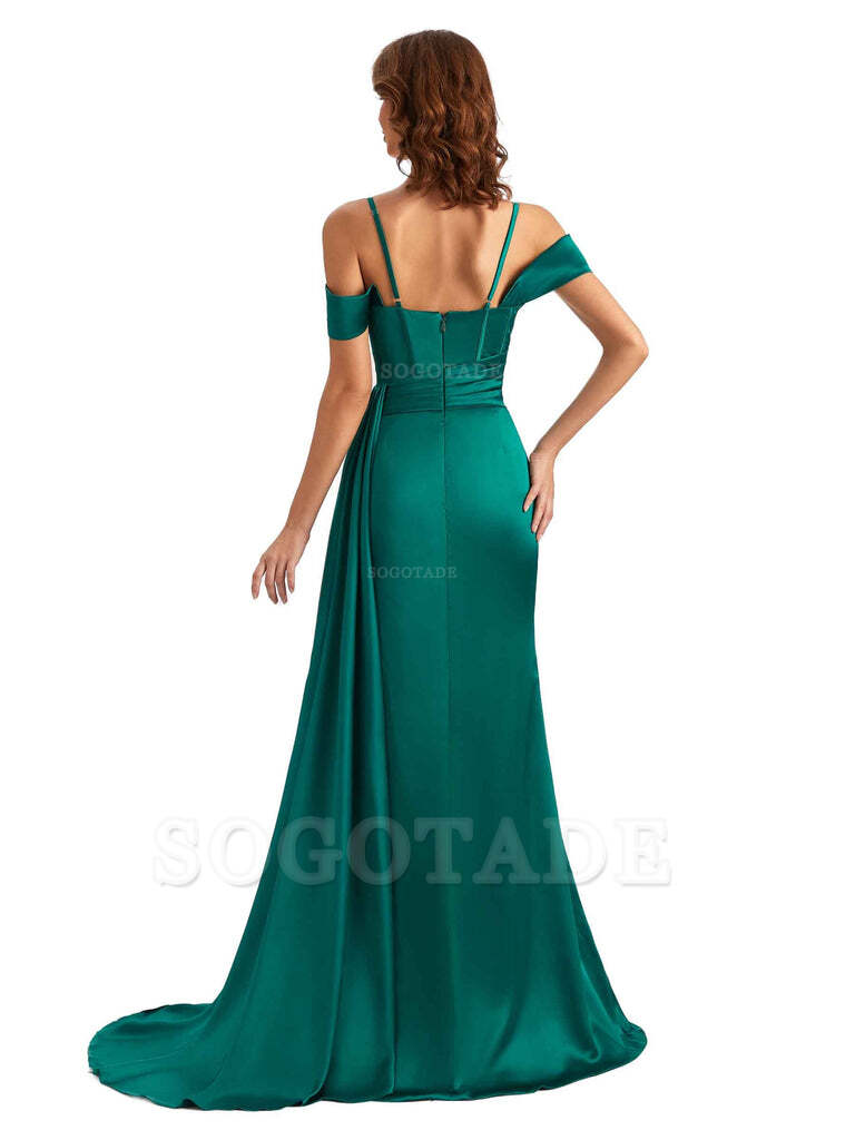 Sexy Side Slit Cold Shoulder Mermaid Satin Chic Long Wedding Guest Dresses