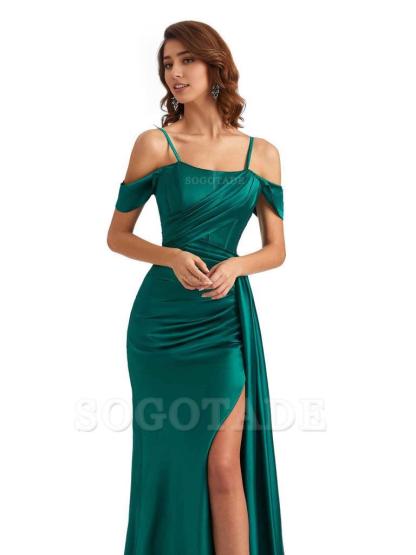 Sexy Side Slit Cold Shoulder Mermaid Satin Chic Long Wedding Guest Dresses