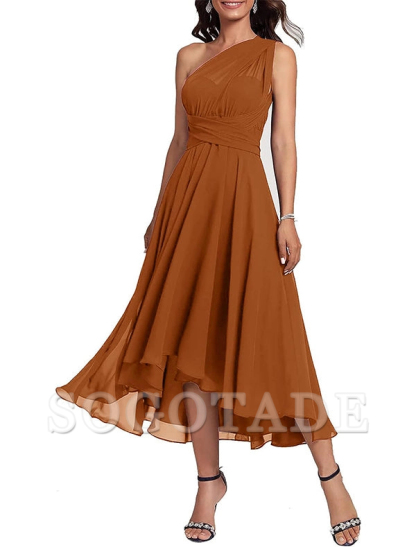 A-Line Blue Wedding Guest Dresses Convertible Infinity Mother Dress Formal Tea Length Sleeveless One Shoulder Chiffon with Ruched-SOGOTADE