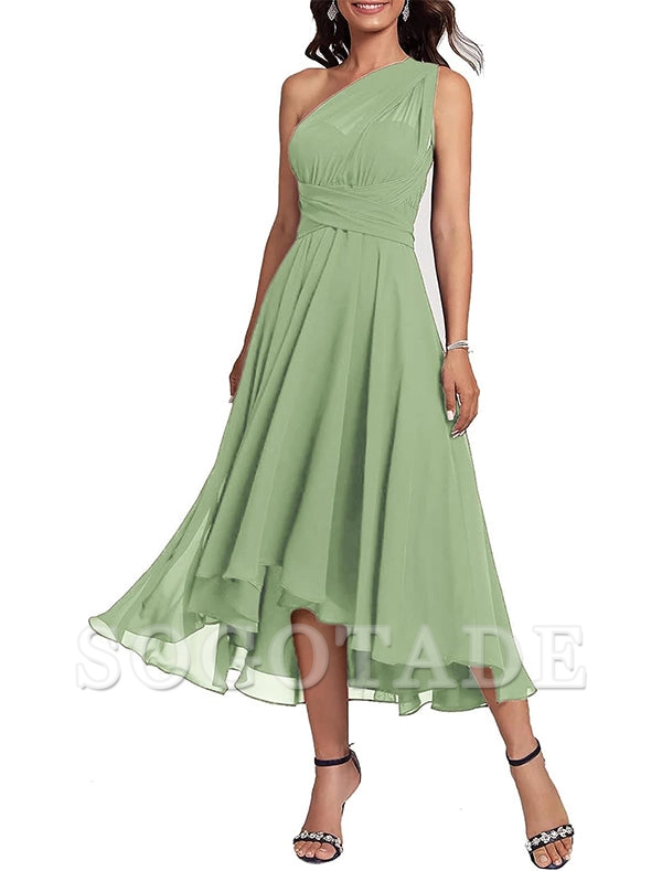 A-Line Blue Wedding Guest Dresses Convertible Infinity Mother Dress Formal Tea Length Sleeveless One Shoulder Chiffon with Ruched-SOGOTADE